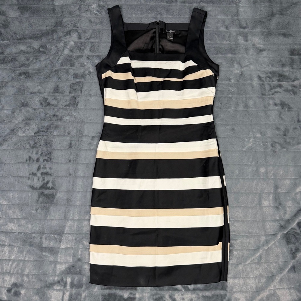 White House Black Market Striped Sheath Dress Black White Tan Size 6 Sleeveless
